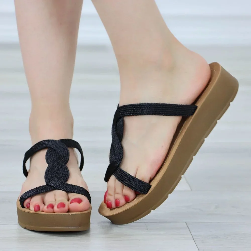 Black Women's T-Strap Gladiator Comfort Sandal Slip On Sliders Fabric Straps - Picture 5 of 11